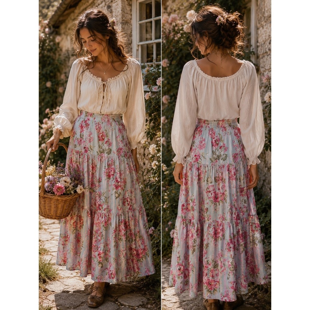 Peasant Floral Tiered Maxi Skirt S Blue Cottagecore Boho Prairie Soft Girl WAYF
